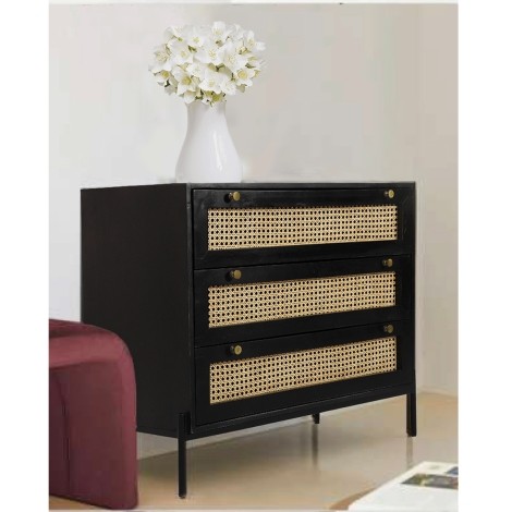 Rattan - Black - Mango Wood - Chest Of 3 Drawer - Metal Legs