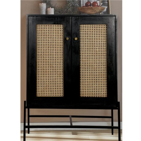 Rattan - Black - Mango Wood - 2 Door - Highboard Cabinet / Dresser - Metal Legs