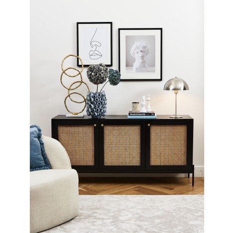 Rattan - Black - Mango Wood - 160cm - Large - Sideboard With 3 Door - Metal Legs