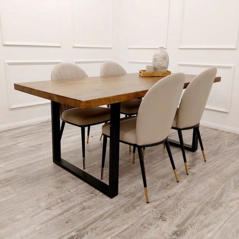 Freya - 1.8m / 180cm - Dark Pine Wood Top - Rectangular Dining Table & 6 Etta - Beige - Faux Leather Dining Chairs