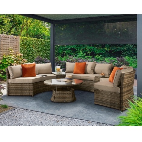 Juliet - Outdoor - Brown - Half Moon Corner Sofa with Side Tables and Coffee Table - UV Treated Wicker