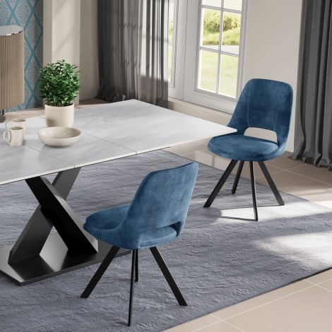 Kasper - 2x Blue Velvet Dining Chairs - Black Metal Legs