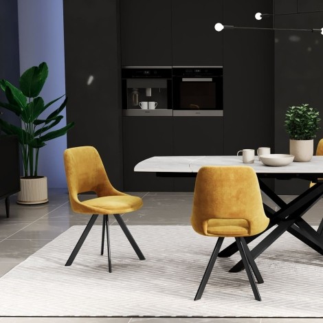 Kasper - 2x Mustard Velvet Dining Chairs - Black Metal Legs