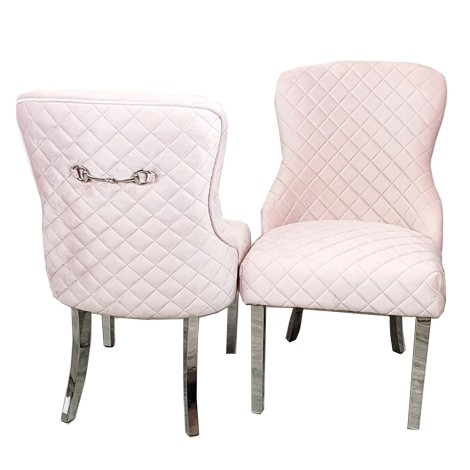 Pair Of Kate - Pink Velvet- Chrome Clasp - Quilted Back - Dining Chairs - Curved Chrome Legs