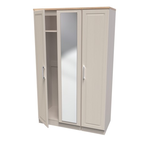 Kent - Kashmir Ash - 3 Door - Triple - Mirrored Wardrobe - Bardolino Oak Top
