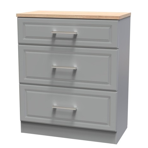 Kent - Dusk Grey Deep Chest of 3 Drawer - Bardolino Oak Top
