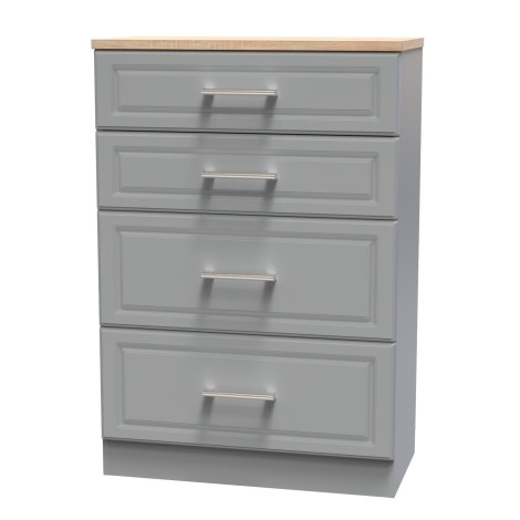 Kent - Dusk Grey Deep Chest of 4 Drawers - Bardolino Oak Top