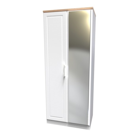 Kent - White Ash - 2 Door - Double - Mirrored Wardrobe - Bardolino Oak Top