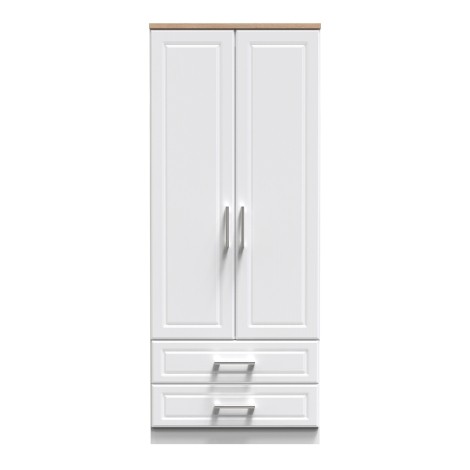 Kent - White Ash - 2 Door 2 Drawer - Double - Plain Wardrobe - Bardolino Oak Top