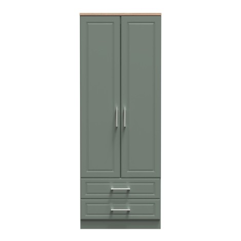 Kent - Reed Green - 2 Door 2 Drawer - Tall - Plain Wardrobe - Bardolino Oak Top