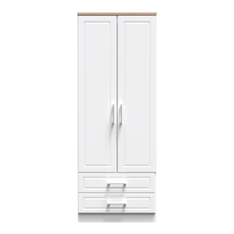 Kent - White Ash - 2 Door 2 Drawer - Tall - Plain Wardrobe - Bardolino Oak Top