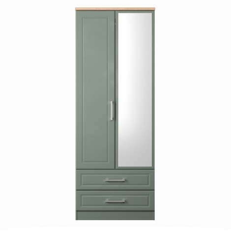 Kent - Reed Green - 2 Door 2 Drawer - Tall - Mirrored Wardrobe - Bardolino Oak Top