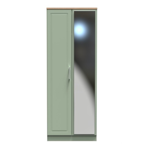 Kent - Reed Green - 2 Door - Double - Tall - Mirrored Wardrobe - Bardolino Oak Top