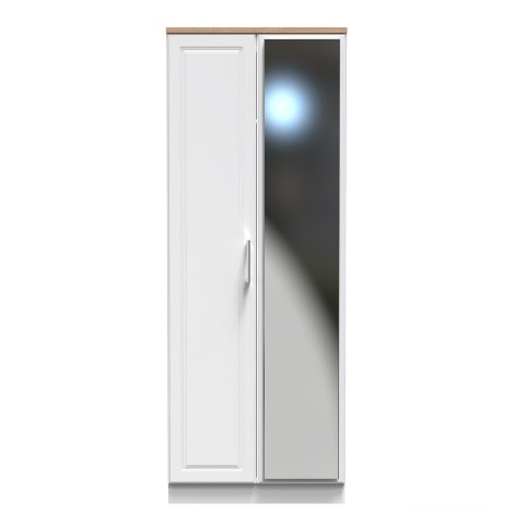 Kent - White Ash - 2 Door - Double - Tall - Mirrored Wardrobe - Bardolino Oak Top