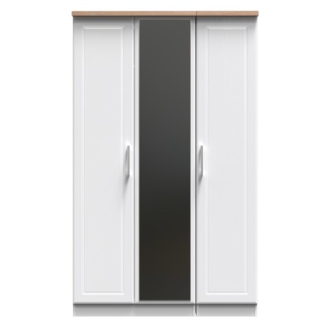 Kent - White Ash - 3 Door - Triple - Mirrored Wardrobe - Bardolino Oak Top