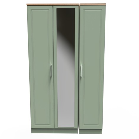 Kent - Reed Green - 3 Door - Triple - Tall - Mirrored Wardrobe - Bardolino Oak Top