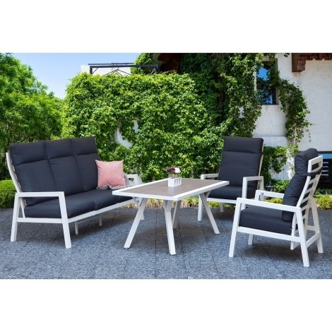 Kimmie - Outdoor - White - 3 Seater Sofa with 2 Reclining Arm Chairs and Ceramic Glass Dining Table - Powder Coated Aluminium