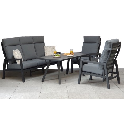 Kimmie - Outdoor - Grey - 3 Seater Sofa with 2 Reclining Arm Chairs and Ceramic Glass Dining Table - Powder Coated Aluminium