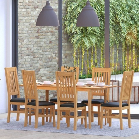 Saxon Oak - Extended 140 to 180cm/1.4m to 1.8m Dining Table and 6 Oak Slatted Back Upholstered Seat Dining Chair - Clean Lacquer Finish
