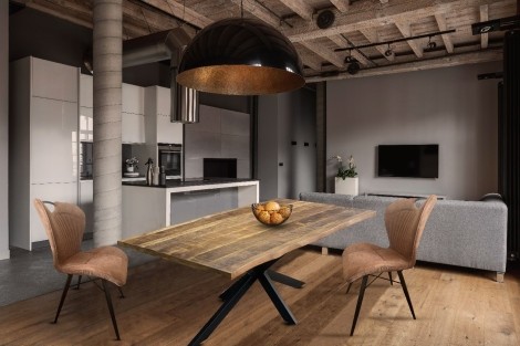 Kerela - Industrial Style - Solid Mango Wood - Brown - 200cm - Oval Dining Table & 8 Mala - Upholstered - Camel Fabric - Dining Chair - Black Metal Leg