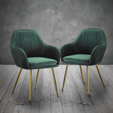 Lara - Upholstered Forest Green Velvet Fabric Dining Chair - Gold Legs - Pair