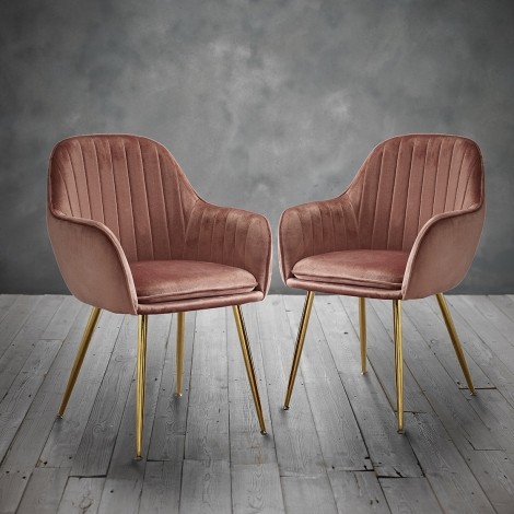 Lara - Upholstered Vintage Pink Velvet Fabric Dining Chair - Gold Legs - Pair