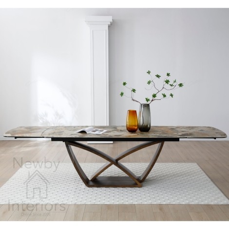 Lavish Ivory & Emerald Vein Italian Ceramic Swivel Extending Dining Table (200-300cm)