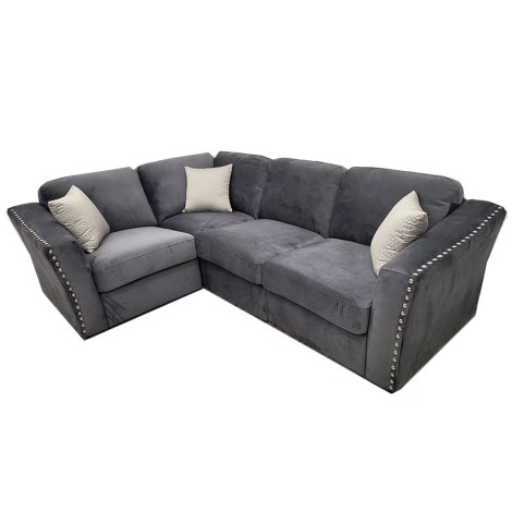 Lincoln - Pebble Grey - Velvet Upholstered - 4 Piece Corner Sofa - Stud Detailing