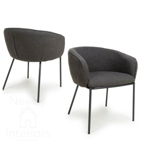 Lola - 2x Grey Boucle Fabric Dining Chairs - Black Metal Legs