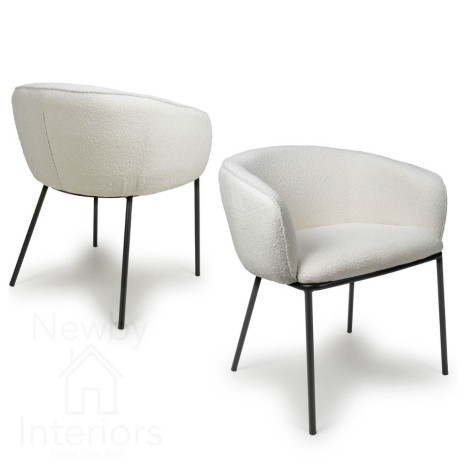 Lola - 2x White Boucle Fabric Dining Chairs - Black Metal Legs
