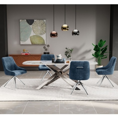 Loazzolo White & Gold Gloss Ceramic Dining Table & Blue Hugo Chairs (180cm)