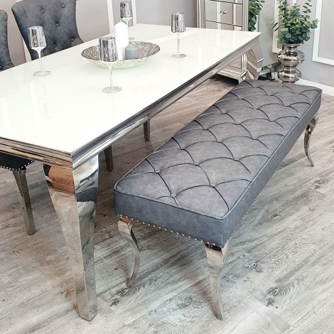 Louis - Dark Grey Leather - Quilted Deep Button - Dining Bench - Polished Chrome Legs - 1.3m (best for 1.4m table)