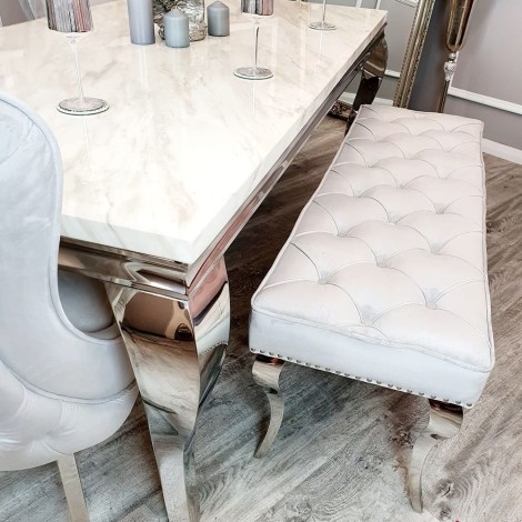 Louis - Light Grey Velvet - Quilted Deep Button - Dining Bench - Polished Chrome Legs - 1.4m (best for 1.6m table)