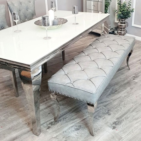 Louis - Light Grey Leather - Quilted Deep Button - Dining Bench - Polished Chrome Legs - 1.3m (best for 1.4m table)