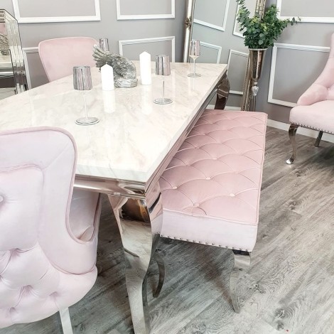 Louis - Pink Velvet - Quilted Deep Button - Dining Bench - Polished Chrome Legs - 1.4m (best for 1.6m table)