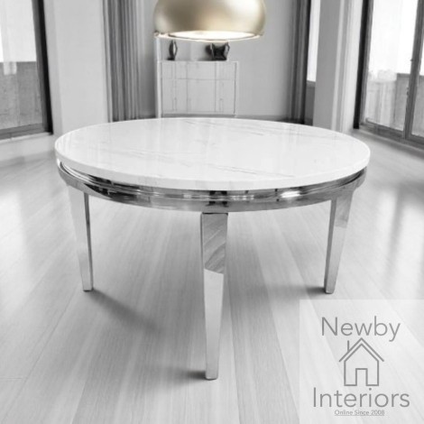 Louis Polar White Sintered Stone & Chrome Round Dining Table (130cm)