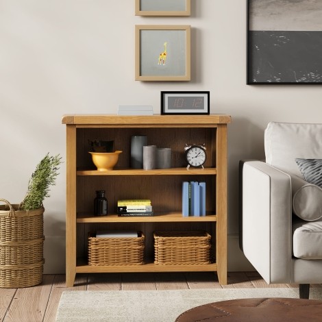 Barston Bartley Oak - 3 Open Shelves Low Bookcase - Matt Lacquer Finish