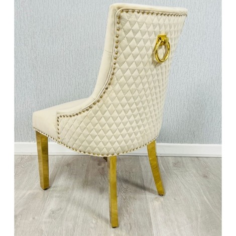 Pair Of -  Chelsea -  Gold Round Door Knocker - Quilted Back - Mink Beige/Cream Velvet - Dining Chairs With Gold Legs 