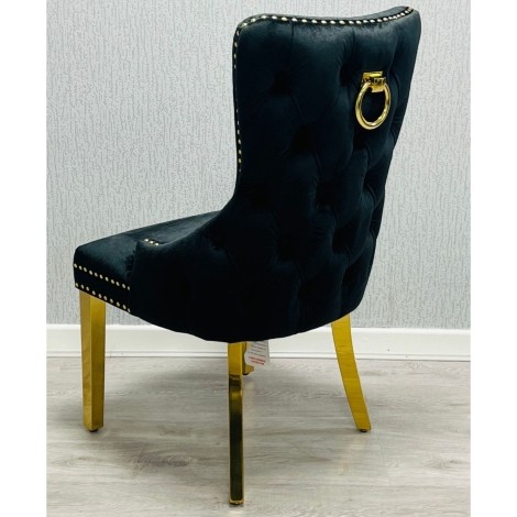 Pair Of -  Victoria - Round Gold Door Knocker - Buttoned Back - Black Velvet - Dining Chairs With Gold Legs 