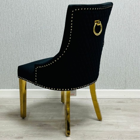 Pair Of -  Chelsea -  Gold Round Door Knocker - Quilted Back - Black Velvet - Dining Chairs With Gold Legs 