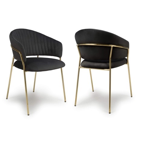 Pair Of - Maya - Black - Velvet Fabric - Dining Chairs - Gold Metal Frame