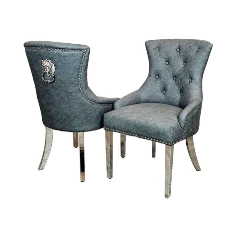 Pair Of - Megan - Dark Grey Leather - Lion Head Knocker - Dining Chairs - Chrome Legs