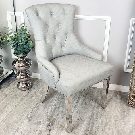 Pair Of - Megan - Light Grey Velvet - Lion Head Knocker - Dining Chairs - Chrome Legs