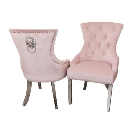 Pair Of - Megan - Pink Velvet - Lion Head Knocker - Dining Chairs - Chrome Legs