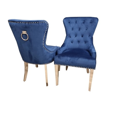 Pair Of Promo Megan - Blue Velvet - Ring Knocker Back Dining Chairs - Gold Legs