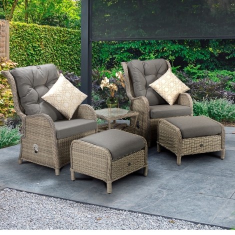 Meghan - Outdoor - 2 Reclining Arm Chairs with Stools and Side Table - UV Treated Wicker