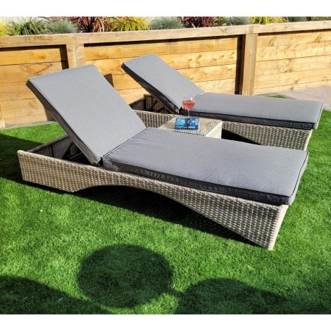 Meghan Pair of Sun Loungers & Drinks Table - Creamy Grey Rattan