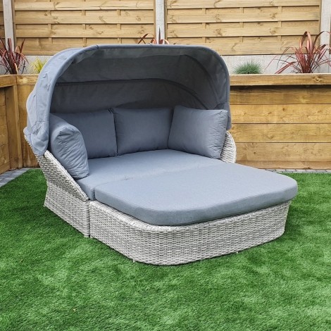 Meghan Outdoor Daybed, Retractable Canopy, Grey Wicker