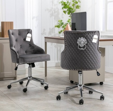 Chelsea -  Lion head Knocker - Quilted Back - Grey Velvet - Gas Lift Office Chairs