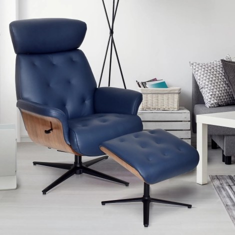 GFA -  Nordic - Navy Blue Leather 360 Swivel Recliner and Footstool